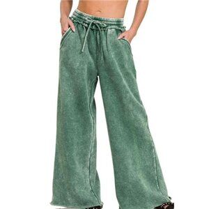 Zenana Acid Wash Fleece Palazzo Sweatpants with Pockets